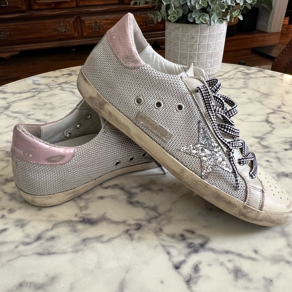 Golden Goose Silver Mesh Sneakers with Pink Heel and Glitter Star
